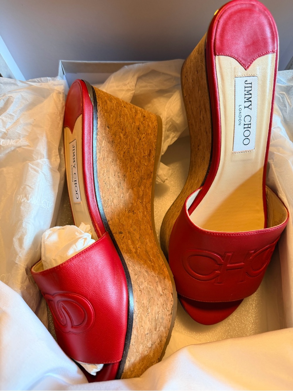 Jimmy Choo Red Leather Logo Slide Wedge Mules - Picture 3 of 3